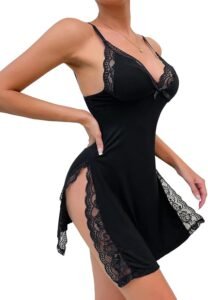 Sexy Split Side Floral Lace Trim Full Slip Night Gown Babydoll